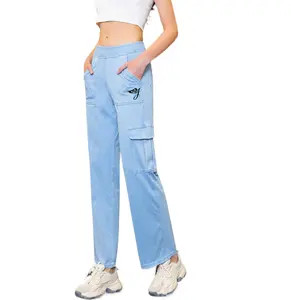 جينز عالي الجودة مطاطي للنساء سراويل فضفاضة للسيدات جينز بجيوب جانبية كبيرة للنساء