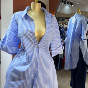 Nueva Colección de Otoño, Camisa de Manga Corta a Rayas con Cuello y Botones para Mujer, Estilo Moderno - Product Image 4