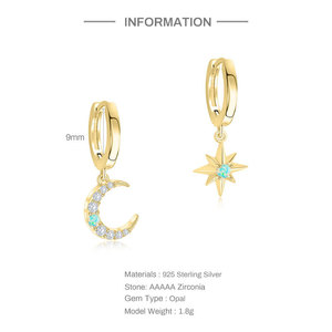 Ensemble de boucles d'oreilles créoles huggie S925 en argent sterling avec rivets étoile et lune incrustés de zircon, style australien - Product Image 4
