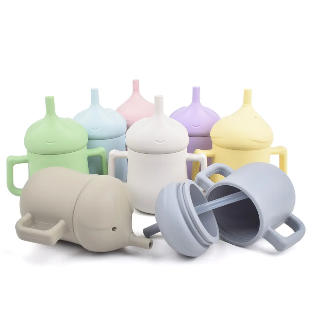 Newsun klassischer Stil Elefantenform BPA-frei Kleinkinder-Training-Tasse angepasst Silikon Baby-Schlürfbecher mit Strohhalm Geschirr-Sets