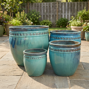 Ensemble de 4 pots de fleurs en céramique, bleu glacé, jardinières d'extérieur, design moderne et contemporain, écologiques, avec trous de drainage pour une utilisation en jardin - Product Image 6