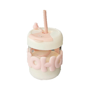 Vaso de Vidrio con Doble Pajita, Vaso de Agua Portátil de Verano para Chicas, Bonitas Tazas de Café con Leche - Product Image 1
