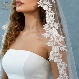 Voile de mariée YouLaPan V327 romantique pour photographie de mariage en extérieur, dentelle brodée, bordure florale, sans peigne - Product Image 5