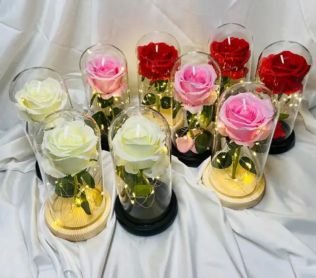 Großhandel Valentinstag Geschenke Erhalten everlasting real touch Rose In Glas Dome Mit Led Licht