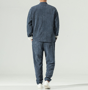 خصم 10% على طقم رجالي من قطعتين مقاس <span class=keywords><strong>M</strong></span>-5XL، سترة بياقة عالية من القطيفة المضلعة مع بنطلون، طقم بتصميم صيني عتيق مع أزرار - Product Image 6