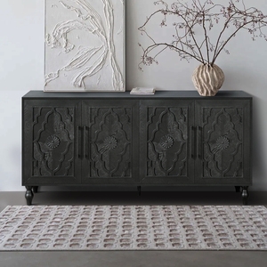 Carved Flower Door Large Storage Cabinet With Metal Handle For Living Room <b>Kitchen</b> Entryway <b>Black</b> - Product Image 3