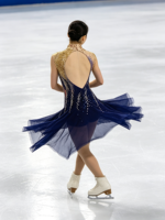 Robe de patinage artistique bleu marine et or, dos large ouvert, ornée de strass, pour la compétition et la performance