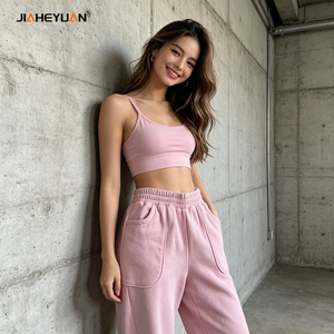 Women's High Quality 400GSM Streetwear Cropped Pullover <strong>Sweatshirt</strong> &amp; Wide Leg Pants Set Custom Fleece Loungewear - Product Image 2