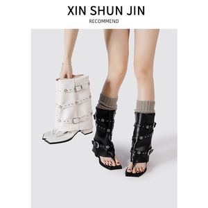 Sandales ouvertes pour femmes de haute qualité en gros avec boucle de ceinture à rivets, bottines courtes, bottines à bout carré et chaussures pour femmes - Product Image 2