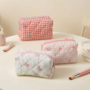 Bolsa Organizadora de Maquillaje de Viaje para Mujer, de Algodón, con Diseño a Cuadros y Lazo, Ecológica, de Gran Capacidad, Personalizada, con Cierre, para Damas de Honor - Product Image 4