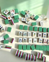 Tuiles de Mahjong Américaines en Acrylique, Pièces de Jeu à Rayures Bleues, Motif Nœud, 4 Joueurs, Luxe, Classique, Divertissement de Table