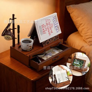 Wooden retro hollow brown reading bookshelf, foldable book and page <b>rack</b> with drawers, <b>glasses</b> and coffee cup storage <b>rack</b> - Product Image 4