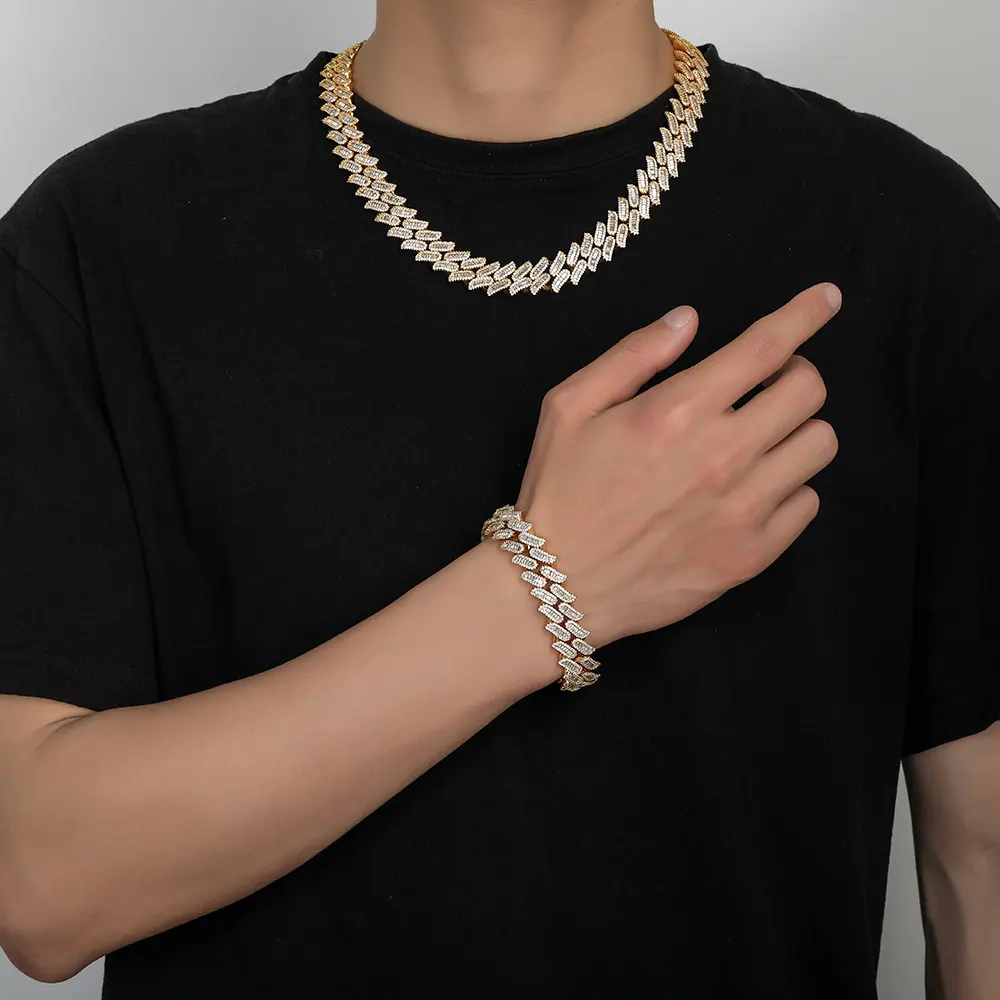 15MM Hip Hop Box Clasp Silver Ice Baguette Bling Necklace Jewelry Men Diamond Cuban Link Chain