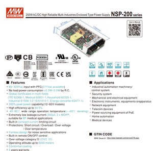 MEAN WELL NSP-200-24 200W 24V 8.4A แหล่งจ่ายไฟ AC DC 85-305VAC แหล่งจ่ายไฟแบบสวิตชิ่งแบบปิด - Product Image 2