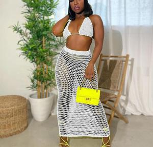 Just Arrivals STOCK 2Colors <strong>Crochet</strong> Dress Knitted Two Pieces Beachwear Triangle Top <strong>Long</strong> Beach <strong>Skirt</strong> - Product Image 6