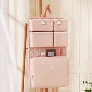 Sac de rangement de voyage en tissu rectangulaire de couleur beige/rose/gris/bleu, sac de rangement pliable multifonctionnel pour vêtements suspendus - Product Image 5