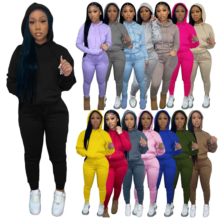 2022 New Ladies Winter Outfits Long Sleeve Hoodies Plush Thick Women Clothing Two Piece Pants Set