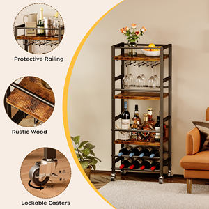 عربة بار مع رف خماسي الطبقات، رف مطبخ متحرك مع حامل زجاجات وحامل كؤوس، عربة بار صغيرة للمساحات الضيقة، بني ريفي - Product Image 5