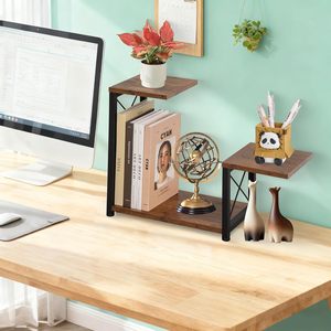 Desktop Storage Rack Iron Wood Multi Layer Office Organizer 33x18cm Freestanding <b>Desk</b> <b>Shelf</b> - Product Image 2