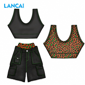 2026 LANCAI Women's Reversible Leopard Print Tank Top and High Waist Cargo Denim Shorts 2 Piece Streetwear Outfit - Product Image 1