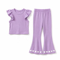 Ensemble de vêtements en coton côtelé pour filles de 2 à 10 ans, adolescents, avec pantalon évasé, imprimé décontracté à manches courtes, deux pièces