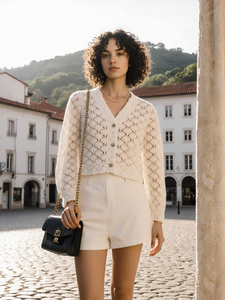 2025 personnalisé OEM & ODM dames élégant automne hiver col en V manches bouffantes <span class=keywords><strong>Cardigan</strong></span> boutons en métal pull - Product Image 1