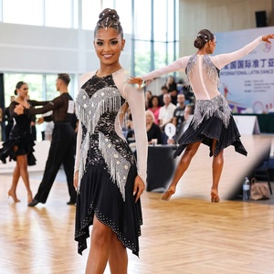 Robe de <span class=keywords><strong>concours</strong></span> de danse latine professionnelle pour adultes LD009, ornée de strass étincelants, ourlet asymétrique, tenue de danse de salon, samba - Product Image 1