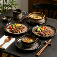 EKA vente en gros de service de vaisselle en céramique style japonais service de vaisselle en grès tacheté de haute qualité pour la maison hôtel restaurant