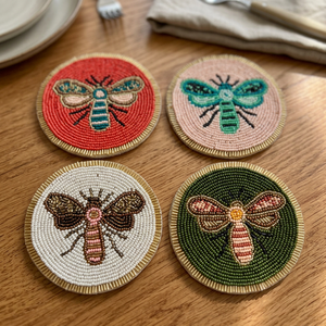 Round Beaded <b>Coasters</b> With Insect Designs Red <b>Pink</b> White Green Traditional Chinese Style Textile Craft Decorative Drink <b>Coasters</b> - Product Image 3