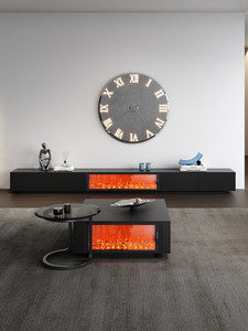 Mobile TV in Pietra Nera e Legno con Tavolino da Caffè, Combinazione Moderna di Lusso Leggero con Fiamma Simulata per <span class=keywords><strong>Soggiorno</strong></span> - Product Image 1