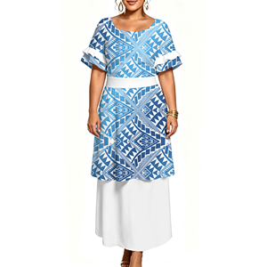 Conjunto de Dos Piezas Personalizable con Estampado Tribal Étnico de la Isla Oceánica Tapa, Blusa Holgada de Manga Corta con Volantes para Mujer - Product Image 1