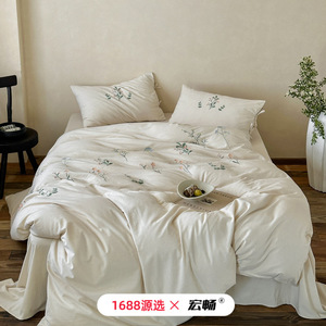 [Brand] Cotton Linen Four Piece Bedding Set Solid Color Plants And Flowers Breathable For Four Seasons - Product Image 2