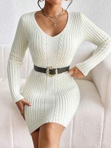 Vestido Curto Elegante OEM de Malha Canelada com Manga Longa e Decote V - Product Image 2