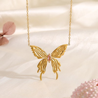 Collier pendentif papillon en acier inoxydable plaqué or 18 carats avec zircon cubique rose marquise pour femme, vente en gros artistique OEM