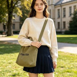 Oversized Canvas Crossbody Messenger Tote <b>Bag</b> for <b>College</b> Girls with Eco-Friendly Reusable Design and Custom Logo Printing - Product Image 3