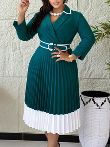 Fashion Winter Dress Women's Casual Elegant Color <b>Matching</b> <b>Long</b> Sleeve V-neck A- line Pleated Office Women Dress with Belt - Product Image 4