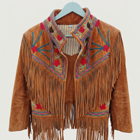 Veste Suzani réversible en velours marron à franges, écologique, broderie florale, col en V, manches longues, respirante, automne-hiver
