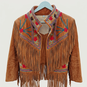 Veste réversible en velours marron à franges, écologique, avec broderie florale, col en V, manches longues, style hiver, pour femmes - Product Image 1