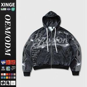 Sudadera con capucha oversize con cremallera y hombros caídos, estilo boxy, con estampado gráfico de diamantes de imitación en toda la prenda, lavado ácido y efecto desgastado, estilo urbano, gran oferta 2026 - Product Image 1