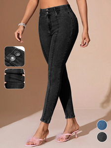 Jean slim vintage pour femme, coupe ajustée, extensible, bleu clair, style décontracté pour maman, toutes saisons - Product Image 1