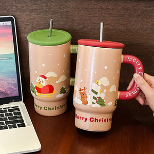 Christmas Ceramic Mug With Lid And Straw Cute Cartoon Design Merry Christmas Gift For Women Large Capacity Cup Winter 2024 - Product Image 2