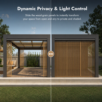 Pergola motorisée à lames orientables en aluminium thermolaqué, alimentée par énergie solaire, éco-responsable, avec éclairage RGB contrôlé par application et protection automatique contre la pluie