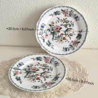 Assiette de service plate en céramique rétro à bord festonné, motif floral et oiseaux vintage, 8 pouces, pour dîner, salade, dessert, compatible lave-vaisselle, pour hôtels
