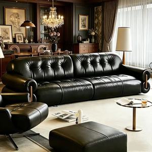 Premium Black Tufted Leather 3-Seater <b>Sofa</b> Roll Arm Button Tufted Couch For Luxury Living Room - Product Image 3
