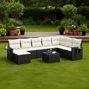 Conjunto de Sofás de Jardín en Negro y Crema, Muebles de Exterior de Ratán PE con Cojines de Espuma de Alta Densidad, Diseño Contemporáneo - Product Image 2