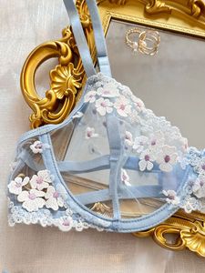 Exquisite Flower Embroidery <strong>Lingerie</strong> <strong>Set</strong> High Quality See Through Bra and Panty Simple Sexy Underwear for Women Light <strong>Blue</strong> - Product Image 6