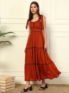 DEEBACO Robe longue évasée en rayonne tissée unie à volants, taille haute, col cœur, sans manches, pour femme, été automne - Product Image 5