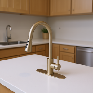 Robinet de cuisine contemporain en alliage de zinc, 1 poignée, douchette extractible, eau chaude et froide, montage sur plan, design moderne - Product Image 2