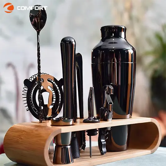 700ML Black color 10 Piece Bar Tools accessories Cocktail Stainless Steel Shaker Set With Wood Stand