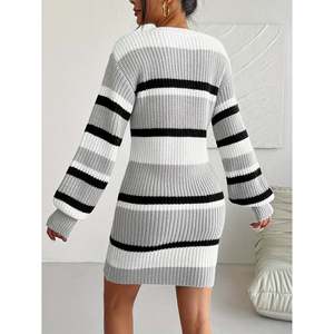 Vestido Mini de Punto a Rayas con Bloques de Color, Vestido Suéter para Mujer, Gris M - Product Image 5